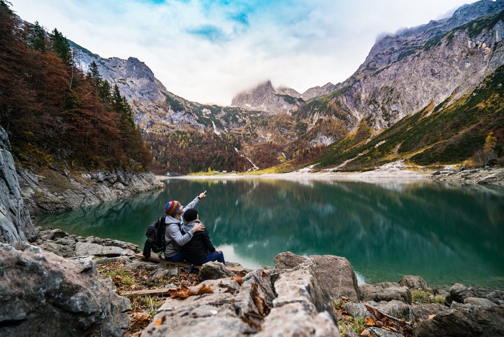 couple, lake, mountains