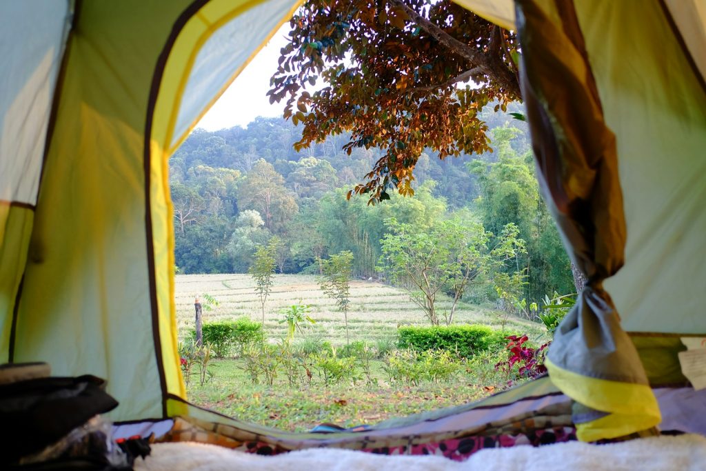 a view of a field through a tent